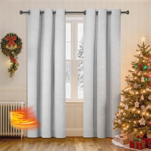 Ystyle Tende Oscuranti 100% Per Interni 2 Pezzi, 140x175cm, Effetto Lino Termiche Isolanti Freddo E Caldo Anti-Rumore, Tende Natalizie Soggiorno Camera Letto Moderne Con Anelli, Grigio Bianco