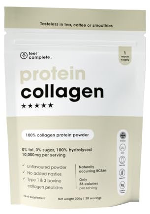 Feel Complete | High Protein Collagen | No Sugar, No Sweeteners | Unflavoured | Grass Fed & Hydrolysed | Premium Type 1 & 3 Bovine Peptides | Halal | Skin, Hair & Nails | 300g | 30 Servings