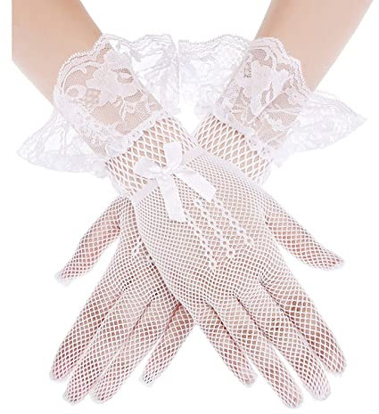 QWUVEDS Sonnencreme Schwarz Sexy Spitzenhandschuhe Tanzparty Bogen Fischernetz Spitzenhandschuhe Teufel Set Karneval Netz Handschuhe Damen Ballhandschuhe (White, One Size)