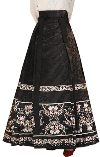 Bon amixyl Horse Face Skirt Chinese Skirts for Women Traditional Vintage A-line Printed Pleats Skirt Black-XL