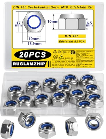 20 Pcs Ecrou M10 Inox, Ecrou Nylstop M10, DIN 985 Écrou Nylstop en Acier Inox, A2 V2A Autobloquant, Hexagonal, de Blocage, Hexagonaux pour Vis Boulons Tiges Filetées
