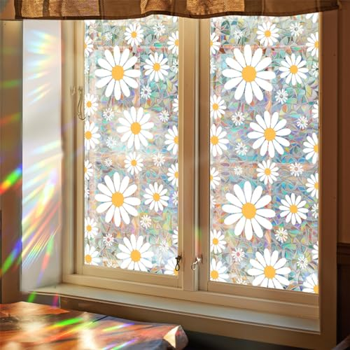 WBQMUNY Rainbow Window Film Static Cling - Daisy Design Bird Deterrent Sticker, 17.7x43.3 Inch No Glue Decorative Privacy Film for Home Office Living Room