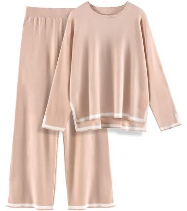 CMTOP Conjunto Punto Mujer Chandal Completo 2 Piezas de Cuello Redondo Tejer Manga Larga y Pantalones Casual Traje Deportivo Conjunto dos Piezas Otoño Suelto Chándal de Punto(Caqui, L)