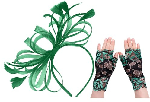 EHDWXVZM Tocado de Plumas Verde, Guantes de Encaje, Sombrero de Boda para Mujer, Tocado de Baile Escénico