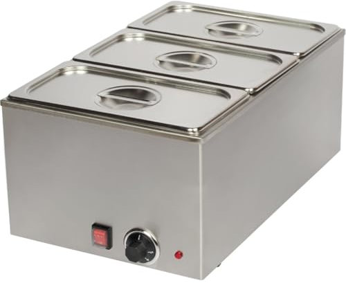 Stalwart Commercial Bain Marie Food Buffet Warmer Including 3 x GN 1/3 containers with lids, for Catering and Restaurants 1.2kw. 30°C to 90°C.