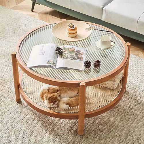 Rustik bondgård runt 80 cm 2 nivåer vardagsrum glasbord med förvaringshylla litet trä modern rottingdesign hemmöbler svart + naturlig enkel montering och elegant tillägg till alla heminredningar.