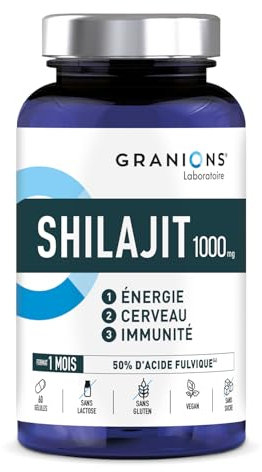 SHILAJIT - Shilajit PURE HIMALAYA | GRANIONS - Laboratoire Français | Immunité, Energie, Articulations, Concentration | Vitamine B6 | Vegan | Complement Alimentaire | 60 Gélules | Format 1 Mois