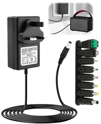 Universal Power Supply Cable Adapter UK 12V 3A 36W AC to DC with 8 Replacement Tip 100-240V 50-60Hz 5.5x2.1mm Multi Plug Head Charger Cord for Household Electronics LED Router Laptop CD Player MP3/MP4