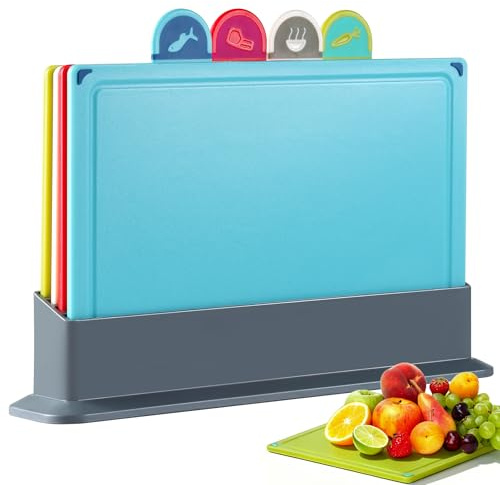Pleafind Colour Coded Chopping Boards - 4 Pcs Plastic Chopping Board Set with Storage Stand, Juice Grooves & Non-Slip Cutting Board That Prevents Food Cross Contaminaton, Dishwasher Safe