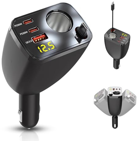 ONGNIUU 5 in 1 Caricatore Auto Accendisigari, Doppio PD con Display Digitale, Carica Cellulare Auto Retrattile Multi-porta, Ricarica Rapida, Compatibile con iPhone, Samsung, Tablet e Registratori Auto
