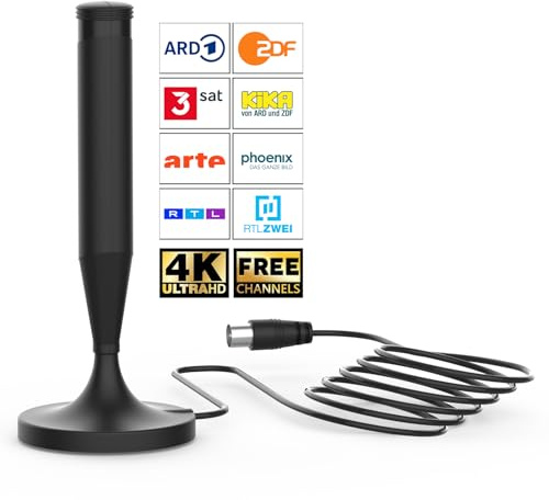 DVB-T2 Antenne Zimmerantenne für Fernseher mit Magnetfuß – 360° Empfang für DVB-T & DVB-T2 – Unterstützt 8K 4K 1080P – Kompatibel mit Allen TV-Geräten – 5m Kabel
