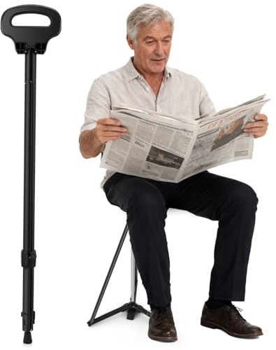 Walking Stick with Seat, 2-in-1 Folding Lightweight Cane Stool for Adults, Walking Cane with Seat & Carry Bag for Men and Women Indoor Outdoor Use