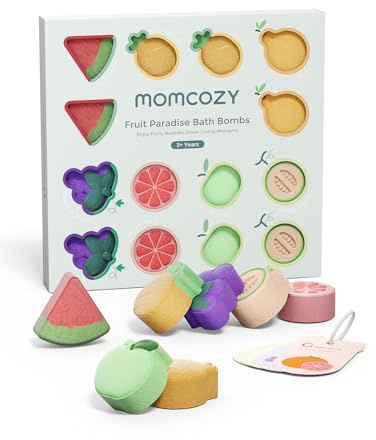 Momcozy 14-Pack Fruit Bath Bombs with Essential Oil, Ideal Christmas Gift for Happy Educational & Fun Bath Time, Bath Bombs Kit with 7 Cute Fruit Shapes, Ideal Gifts for Kids Girls Boys Toddlers