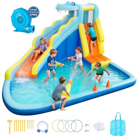 VEVOR Castello Gonfiabile da Esterno per Bambini Parco Acquatico 353x400x235 cm, Castello Gonfiabile con Scivolo Parete da Arrampicata Capienza ca. 3-4 Bambini 3-8 Anni, Gioco d'Acqua per Esterno