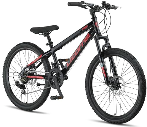 Licorne Bike Bicicleta de montaña Thunder Premium de 20, 24, 26, 27,5 y 29 pulgadas, para niñas, niños, hombres y mujeres, freno de disco (negro/rojo, 24 pulgadas)