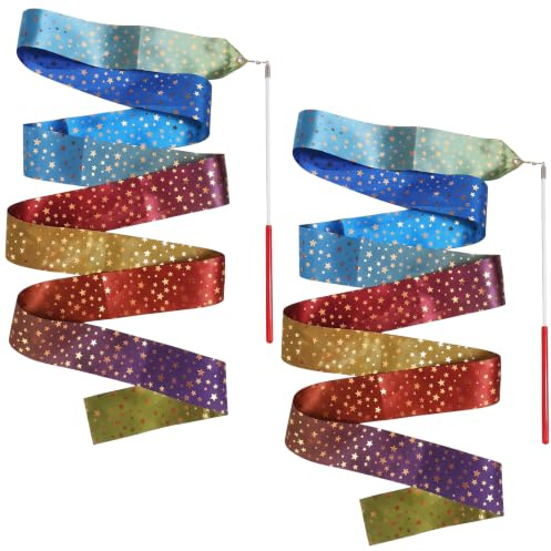 2 stycken 2 m flickors rytmisk gymnastikband, dansband med 30 cm stav för konstnärlig rytmisk dans, tonad guldstjärndesign, perfekt för balett och föreställningar