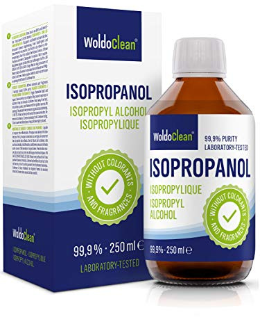 WoldoClean Isopropanol 99,9% rengöringsalkohol 250 ml glasflaska – IPA högren, färglös & utan rester för elektronik, 3D-skrivare, hushåll & hantverk.