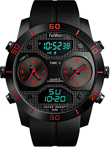 FeiWen Hombre Fashion Outdoor Deportivo Relojes 50M Impermeable Cuarzo Analógico LED Electrónica Tres Tiempo Alarma Multifuncional Militar Digitale Reloj de Pulsera (Rojo)