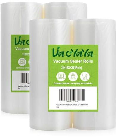 VacYaYa 4 folierullar 20 x 1 500 cm vakuumrullar för livsmedel, BPA-fri vakuumpåse sous vide påse folie för vakuumförpackare och foliesvetsutrustning lämplig
