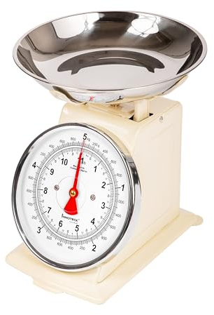 Innoteck Mechanical Kitchen Scale - Stainless Steel Kitchen Scales with Bowl & Large Dial, Analogue Food Scale with 5kg Capacity, Food Weigher with Non-Slip Feet for Baking and Cooking, Cream