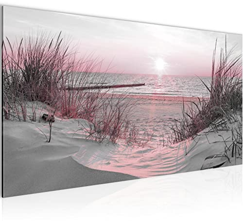 Runa Art Wandbild Strand Sonnenuntergang 1 Teilig 100 x 40 cm Modern Bild auf Vlies Leinwand Meer Natur Schlafzimmer Wohnzimmer Rosa Grau 041712b