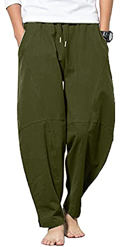 YAOBAOLE Herren Hose Baumwolle Leinen Hosen Haremshose Yogahose Freizeit Hose Herren Armeegrün 2XL