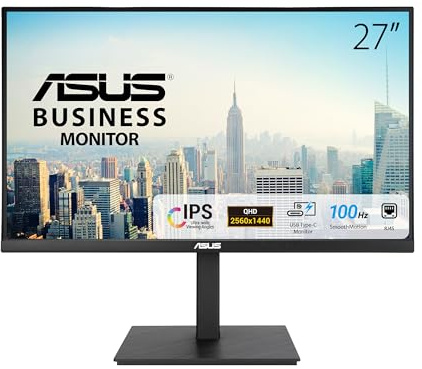 ASUS Business VA27ACFSN - 27 WQHD Monitor - Rahmenlos, ergonomisch, Flicker-Free, Blaulichtfilter, Adaptive-Sync - 100 Hz, 16:9 IPS Panel, 2560x1440 - RJ45, USB-C mit 90W, USB-Hub, DP, HDMI, Speaker
