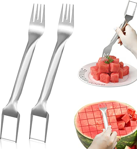 2Pcs Watermelon Fork Slicer Cutter, Stainless Steel 2-in-1 Watermelon Fork Slicer, Portable Watermelon Fork Watermelon Cutter Slicer Tool Fruit Forks Slicer for Home Party Camping Kitchen Gadget