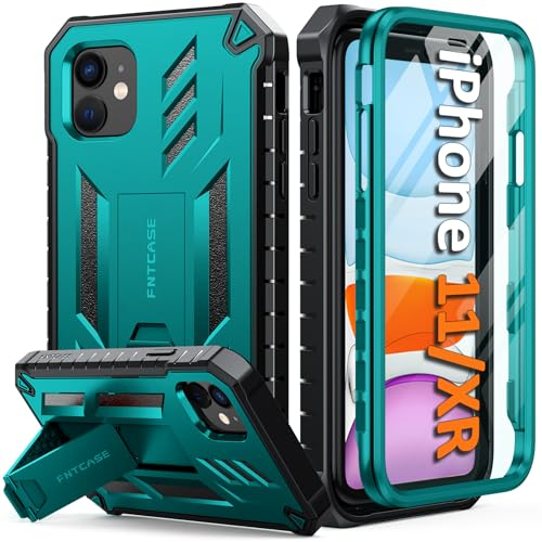 FNTCASE for iPhone 11 Phone Case: for iPhone XR case with Kickstand Shockproof Military Grade Protective Cover - Dual Layer Full Protection Matte Textured Drop Proof - 6.1 Inch DarkGreen