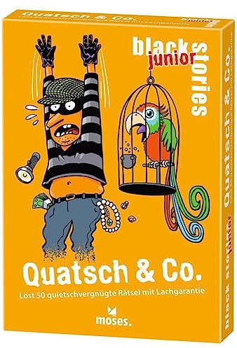 moses. black stories junior Quatsch & Co. - 50 witzige Rätsel mit Lachgarantie, Rätsel Kartenspiel mit Spielvariante und Punktechips, Rätselspiel für Kinder ab 8 Jahren