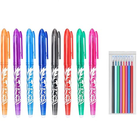Liquidraw Raderbara pennor med 8 extra påfyllningar 0,5 mm raderbara gelpennor set 8 färger suddgummi penna gnugga ut pennor med gummi för handskrift färgning studenter barn vuxna kontor skola och hem
