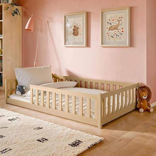 Kids Collective Kinderbett Bodenbett 120x200 cm Bett mit Rausfallschutz & Lattenrost Montessori Bett Bed Gitterbett Kinder Jugendbett Einzelbett | Natur Kiefer Holz massiv Junge Mädchen