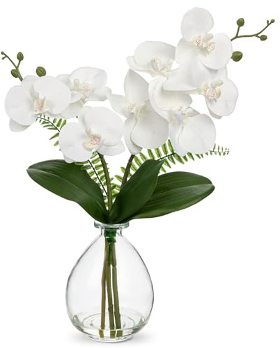 Hollyone - Fleur d'orchidée artificielle blanche de 38 cm dans un vase, plante d'orchidée fausse avec vase en verre, décoration de phalénopsis artificielle pour mariage, pièce maîtresse, salle de bain