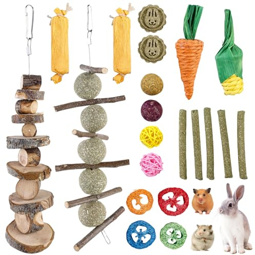 BAIFULAI 21 giocattoli da masticare per conigli, accessori con bastoncini di mela, bastoncini di fieno timothy, piccoli animali molari, cura dentale per criceti, porcellini d'India, pappagallo