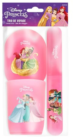 DISNEY Princesses – Trio Gobeleterie Voyage – Étui Brosse à Dents, Gobelet, Étui à Savon – Plastique Résistant – Design Pratique – Accessoire Salle de Bain Enfant - Produit Officiel Disney