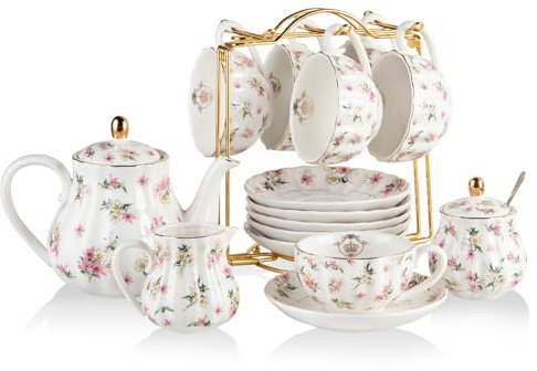 Sweejar Home Juegos de té de porcelana British Royal Series, servicio de tazas y platillo para 6, con tetera, jarra de crema, cucharaditas y colador de té, adecuados para té alto (floral)