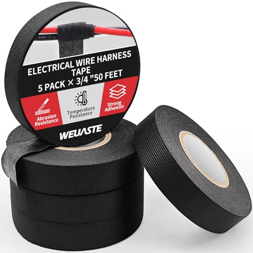 Weuaste 5 Rolls 3/4 Inch x 50 FT Premium Wiring Harness Tape, High Temp Wire Cable Loom Self-Adhesive, Fabric Tape for Electrical Automotive Engine Harness Wrap, Protection Noise Damping Cables Fixed