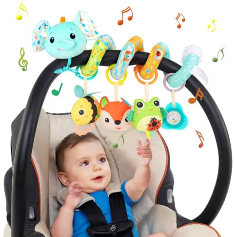 Funsland Kinderwagen Spielzeug, Baby Activity Spirale Spielzeug mit Musik, Hängendes Spiral Plüsch Spielzeug für Kinderbett/Autositz/Babyschale, Neugeborene Geschenk für Baby 0 3 6 12 Monate, Blau