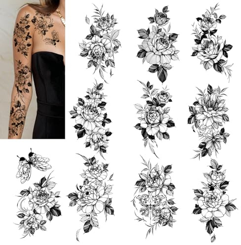 Floral Temporary Tattoos for women Stickers, Large Rose Designs, 10 Sheets Women temporary tattoo sleeves