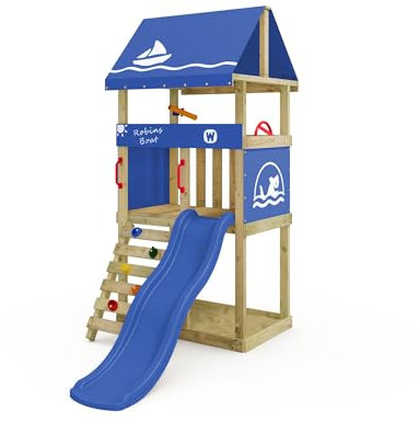 Wickey Parco giochi DinkyHouse senza estensione dell'altalena - con scivolo & telone blu - Torre di arrampicata per bambini per il giardino in legno massiccio - 219x114x247 cm