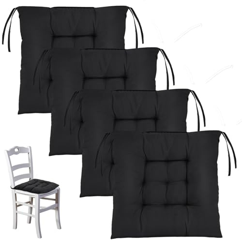 NCTNCX 4er Set Sitzkissen, Stuhlkissen 36x36 cm, Sitkissen Outdoor, Stuhlkissen mit Bindebänd, für Indoor Outdoor Bürostuhl Sitzpolster (schwarz)
