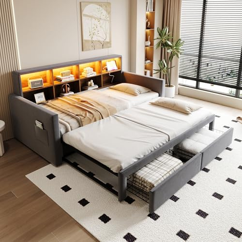 NNJN Cama tapizada extensible, sofá cama 90/180 x 190 cm, cabecero con compartimentos de almacenamiento integrados, barra de luz LED y enchufes de carga, con dos cajones y somier, tela de terciopelo