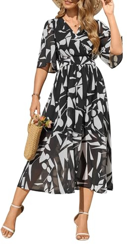 PASUDA Vestidos Verano Mujer Manga Corta Vestido Largo Cuello en V Estampada Elástico Cintura Alta Bohemio Midi Vestido Elegante de Playa Casual Fiesta Invitada Boda