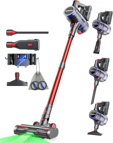 VACTechPro Aspirateur Balai sans Fil 55KPa/600W/70Min, Aspirateur sans Fil | Aspirateur sans Fil avec Réservoir à Poussière de 1.6L, Filtration à 8 Couches, Brosse à Sol Anti-Tangle, Violet et Rouge