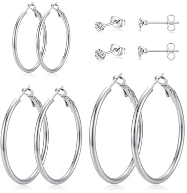 Large Silver Gold Hoop Earrings for Women, Stainless Steel Hoops Sets | 4/5/6 Pairs of Gold & Silver Earrings for Multiple Piercing, Hypoallergenic Earring Sets for Sensitive Ear