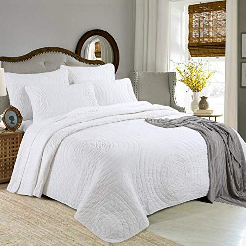 Dessus De Lit Blanc/Beige/Gris 2 Personnes Matelassé Boutis Couvre Lit De Luxe 3 Piece 100% Coton Couverture De Lit Patchwork Avec 2 Taies D'oreille Parure De Lit,White-queen:240X260CM