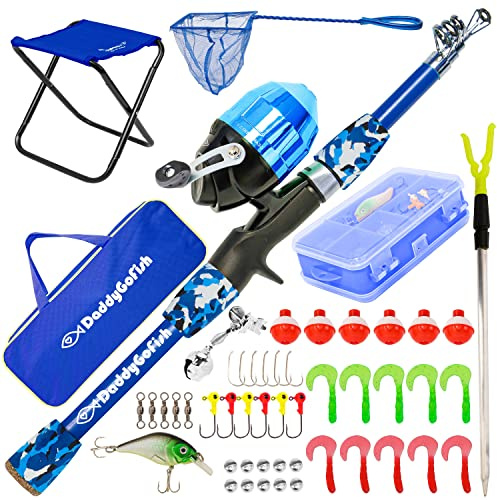 DaddyGoFish Kids Fishing Pole - Rod Reel Combo Tackle Box Starter Set - First Year Small Dock Gear Kit for Boys Girls Toddler Youth Age Beginner Little Children Junior Anglers (Blue, 5ft)