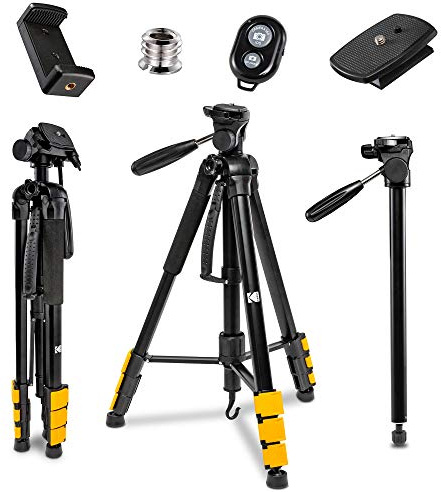 Kodak PhotoGear 2-in-1 Tripod & Monopod with Remote | Lightweight 70” 4-Section Flip-Lock, Converts to 64.5” Monopod | QuickRelease Plates 3-Way Swivel Head Bubble Level Bonus Tripod E-Guide & Case