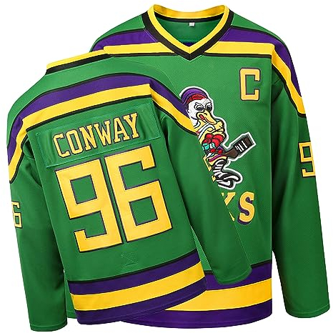 Mighty Ducks Jersey, 96 Conway Jersey, 99 Banks Jersey, Movie Ice Hockey Jersey, Broidery Letters and Numbers Green/White/Black, Grün 96, 3X-Groß