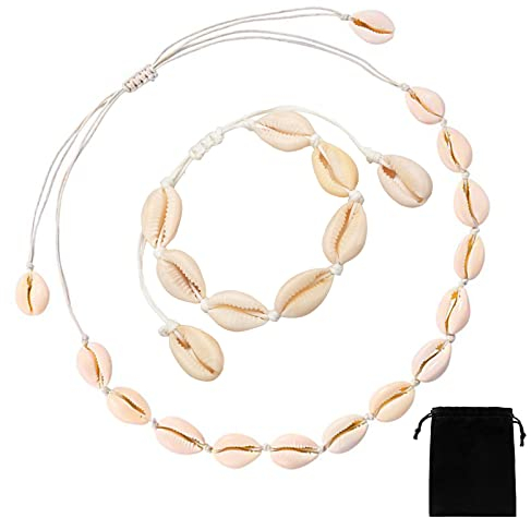 Muschel Halskette Armband Set, 2 Stück Muschel Halskette Natürliche Muschelketten Muschel Halsketten Armband (White)